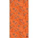 A vibrant orange background features an intricate pattern of black paisley shapes along with floral designs and swirls  creating an engaging and dynamic textile design.