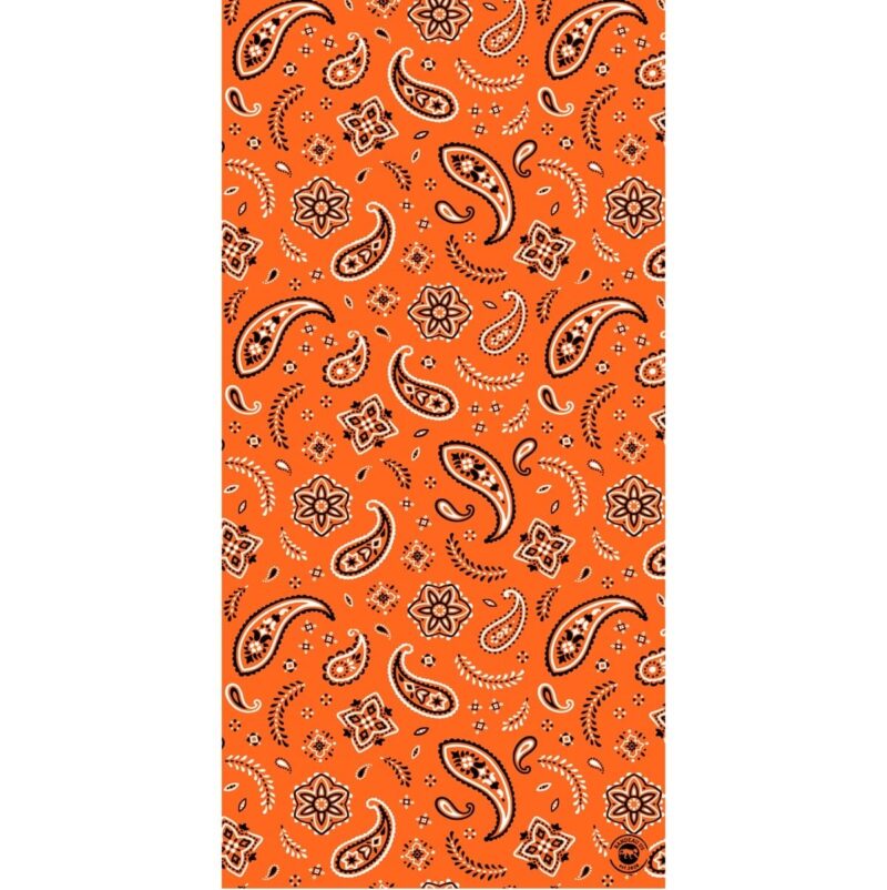 All Over Paisley Tube Headband A vibrant orange background features an intricate pattern of black paisley shapes along with floral designs and swirls creating an engaging and dynamic textile design.