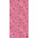 A pink fabric pattern features various paisley shapes flowers and decorative elements scattered across the surface creating a vibrant and playful textile design suitable for fashion or decor.