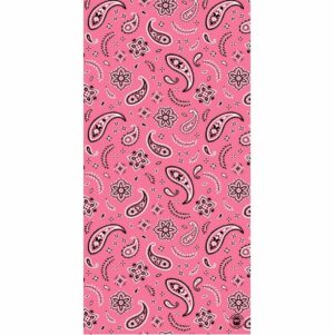 A pink fabric pattern features various paisley shapes flowers and decorative elements scattered across the surface creating a vibrant and playful textile design suitable for fashion or decor.