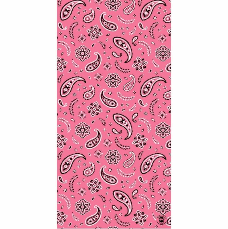 A pink fabric pattern features various paisley shapes flowers and decorative elements scattered across the surface creating a vibrant and playful textile design suitable for fashion or decor.