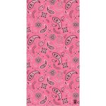 A pink patterned fabric features black and white paisley designs floral motifs and intricate details covering the entire surface creating a vibrant and decorative textile background.