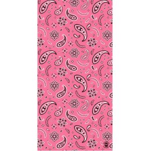 A pink patterned fabric features black and white paisley designs floral motifs and intricate details covering the entire surface creating a vibrant and decorative textile background.