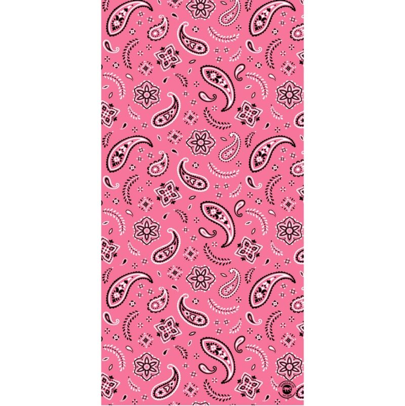 All Over Paisley Tube Headband A pink patterned fabric features black and white paisley designs floral motifs and intricate details covering the entire surface creating a vibrant and decorative textile background.