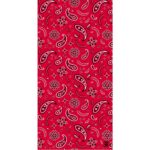 A vibrant red fabric features an intricate pattern of paisley shapes and floral designs in black and white  creating a visually striking textile suitable for various uses.