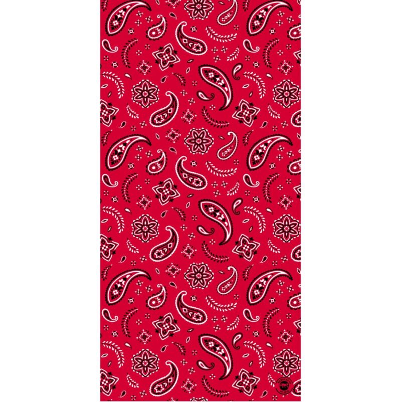 All Over Paisley Tube Headband A vibrant red fabric features an intricate pattern of paisley shapes and floral designs in black and white creating a visually striking textile suitable for various uses.