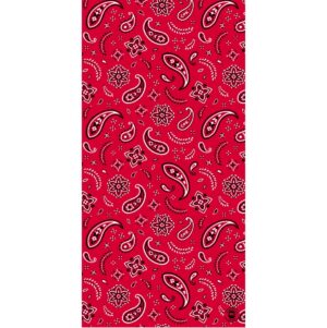 A vibrant red fabric covered in white and black paisley patterns and floral designs fills the space creating a lively decorative appearance suitable for various textile applications.