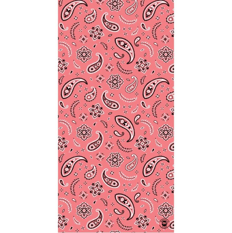 A pink fabric featuring an intricate paisley and floral pattern in black and white elements scattered evenly across the surface creating a decorative and vibrant textile design.