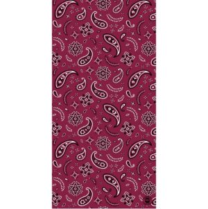 A maroon patterned fabric features white paisley and floral designs scattered throughout creating a vibrant and decorative textile suitable for various applications like clothing or home decor.
