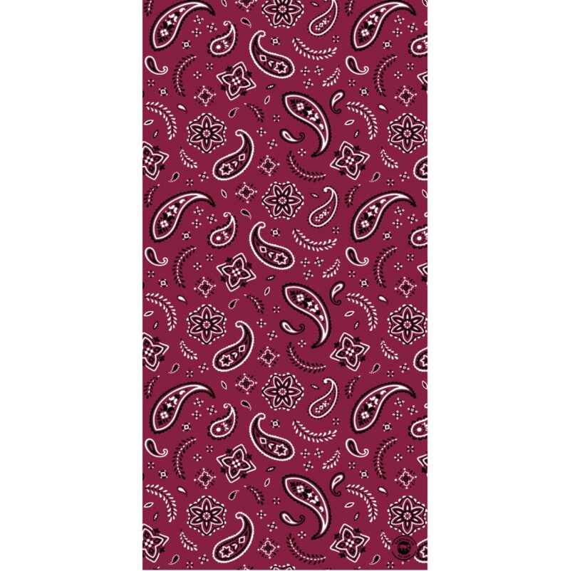 A maroon patterned fabric features white paisley and floral designs scattered throughout creating a vibrant and decorative textile suitable for various applications like clothing or home decor.