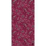 A maroon fabric features an intricate pattern with paisleys floral designs and decorative elements. The repeating motifs create a vibrant textile suitable for clothing or home decor.