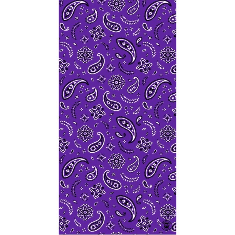 All Over Paisley Tube Headband A purple fabric displays a repeating pattern of paisleys and floral designs in white and shades of black creating a vibrant textile suitable for various decorative uses.