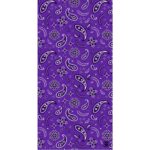 A purple patterned fabric features white paisley designs and floral motifs scattered throughout the surface creating a vibrant and decorative textile suitable for various uses such as clothing or home decor.