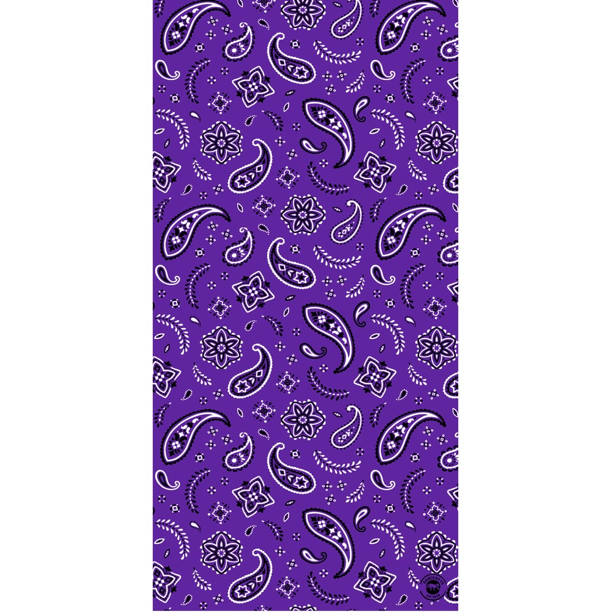 A purple patterned fabric features white paisley designs and floral motifs scattered throughout the surface creating a vibrant and decorative textile suitable for various uses such as clothing or home decor.