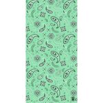 A patterned fabric features a mint green background adorned with black paisley shapes and floral motifs interspersed  creating a decorative and vibrant design suitable for textiles or craft projects.