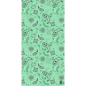 A patterned fabric features a mint green background adorned with black paisley shapes and floral motifs interspersed  creating a decorative and vibrant design suitable for textiles or craft projects.