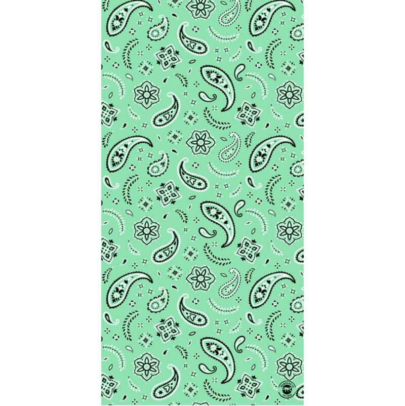 All Over Paisley Tube Headband A patterned fabric features a mint green background adorned with black paisley shapes and floral motifs interspersed creating a decorative and vibrant design suitable for textiles or craft projects.
