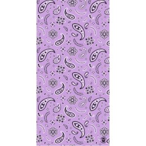 A vibrant purple fabric features a repeating pattern of intricate black paisley designs along with geometric shapes and floral motifs creating a decorative textile suitable for fashion or home decor.