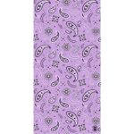A purple fabric features intricate black paisley patterns and floral motifs scattered evenly throughout creating a vibrant and playful design suitable for various decorative or fashion uses.