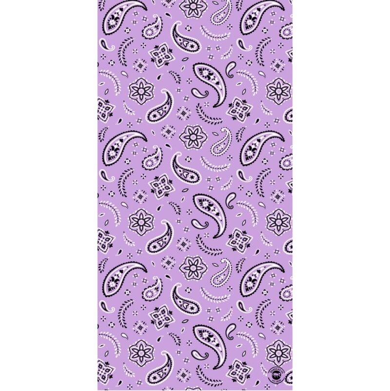 All Over Paisley Tube Headband A purple fabric features intricate black paisley patterns and floral motifs scattered evenly throughout creating a vibrant and playful design suitable for various decorative or fashion uses.