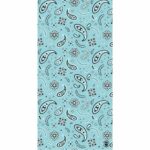 A light blue fabric features a repeating pattern of black paisley shapes and floral designs creating a vibrant and intricate textile design suitable for various decorative purposes.