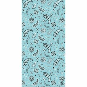 A light blue fabric features a repeating pattern of black paisley shapes and floral designs creating a vibrant and intricate textile design suitable for various decorative purposes.