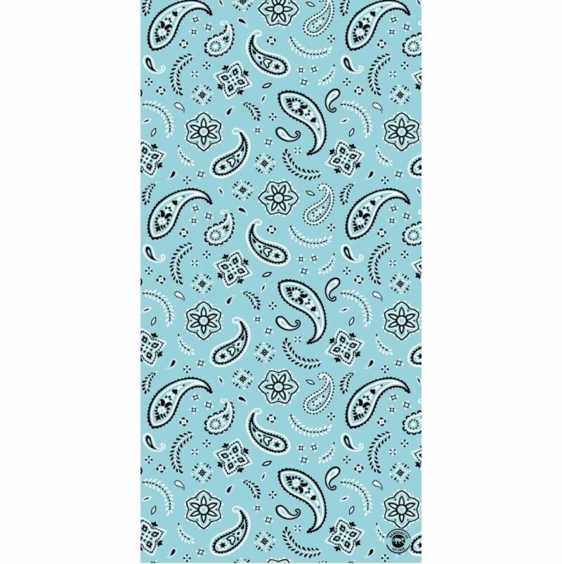 A light blue fabric features a repeating pattern of black paisley shapes and floral designs creating a vibrant and intricate textile design suitable for various decorative purposes.