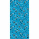 A vibrant blue fabric features intricate black paisley patterns along with floral and swirling designs creating a visually engaging textile suitable for various crafts or fashion applications.