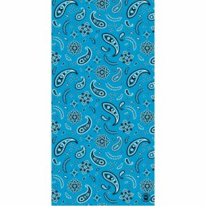 A vibrant blue fabric features intricate black paisley patterns along with floral and swirling designs creating a visually engaging textile suitable for various crafts or fashion applications.