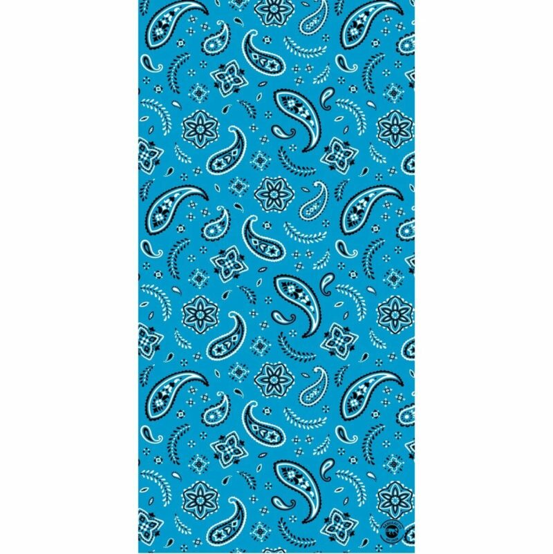 A vibrant blue fabric features intricate black paisley patterns along with floral and swirling designs creating a visually engaging textile suitable for various crafts or fashion applications.