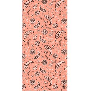 A patterned fabric features intricate paisley motifs and floral designs in black on a coral background creating a vibrant textile suitable for various applications like clothing or home decor.