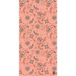 A patterned fabric displays an array of paisleys and floral designs in black on a coral background creating a vibrant  decorative textile suitable for various uses.