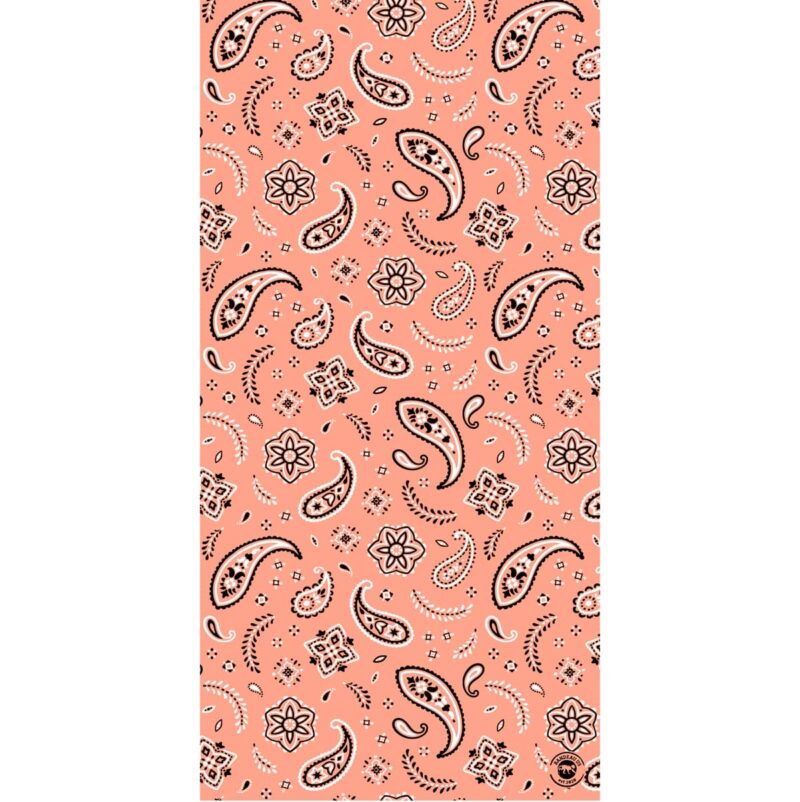 A patterned fabric displays an array of paisleys and floral designs in black on a coral background creating a vibrant  decorative textile suitable for various uses.