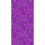 A vibrant purple fabric displays intricate paisley and floral patterns in black and white tones throughout its surface creating a lively and decorative textile design ideal for fashion or decor.