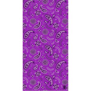 A vibrant purple fabric covered with intricate black and white paisley patterns and floral designs creates a lively decorative textile suitable for various crafts or fashion purposes.