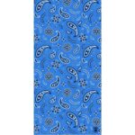 A blue fabric features an intricate paisley and floral pattern in black and white arranged in a repeating design creating a vibrant and decorative visual effect.