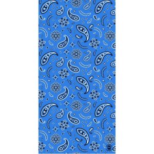 A blue fabric features an intricate paisley and floral pattern in black and white arranged in a repeating design creating a vibrant and decorative visual effect.
