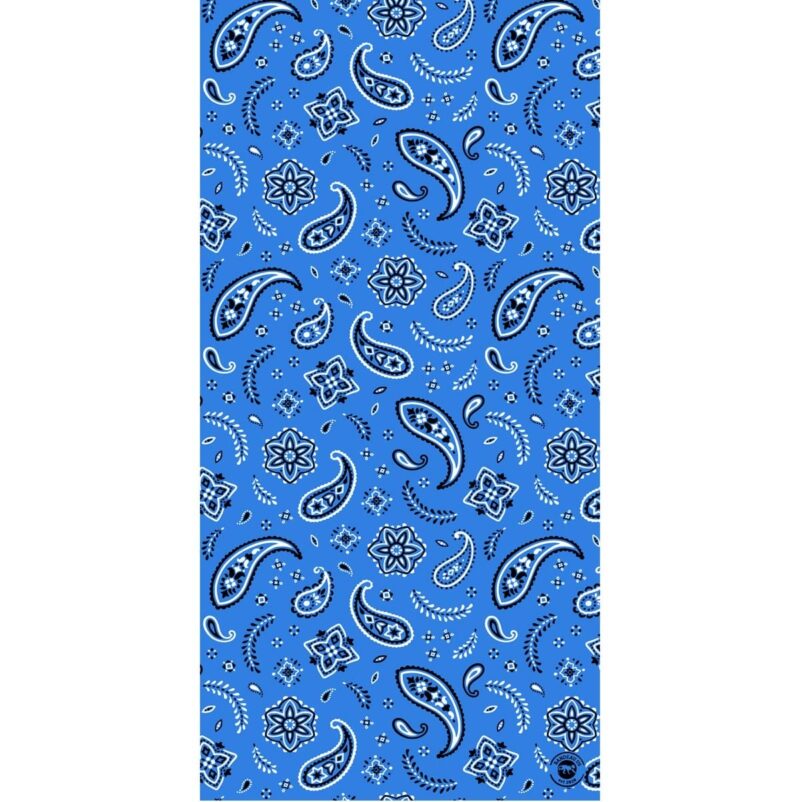 A bright blue fabric features various paisley patterns floral shapes and decorative swirls arranged evenly across the surface creating an intricate and vibrant design suitable for clothing or home decor.