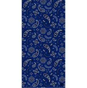 A blue fabric features a repeating pattern of white paisley swirls and floral designs creating a visually rich design suitable for textiles or decorative purposes.
