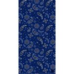 A blue fabric features intricate white paisley patterns and floral designs scattered throughout  creating a decorative  visually appealing textile suitable for various applications such as apparel or home decor.
