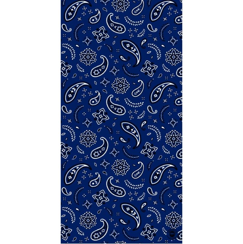 All Over Paisley Tube Headband A blue fabric features intricate white paisley patterns and floral designs scattered throughout creating a decorative visually appealing textile suitable for various applications such as apparel or home decor.