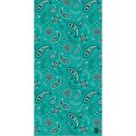 A patterned fabric features an intricate design of paisleys and floral motifs in black against a vibrant teal background creating a lively and colorful textile appearance.
