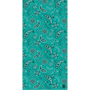 A patterned fabric features an intricate design of paisleys and floral motifs in black against a vibrant teal background creating a lively and colorful textile appearance.