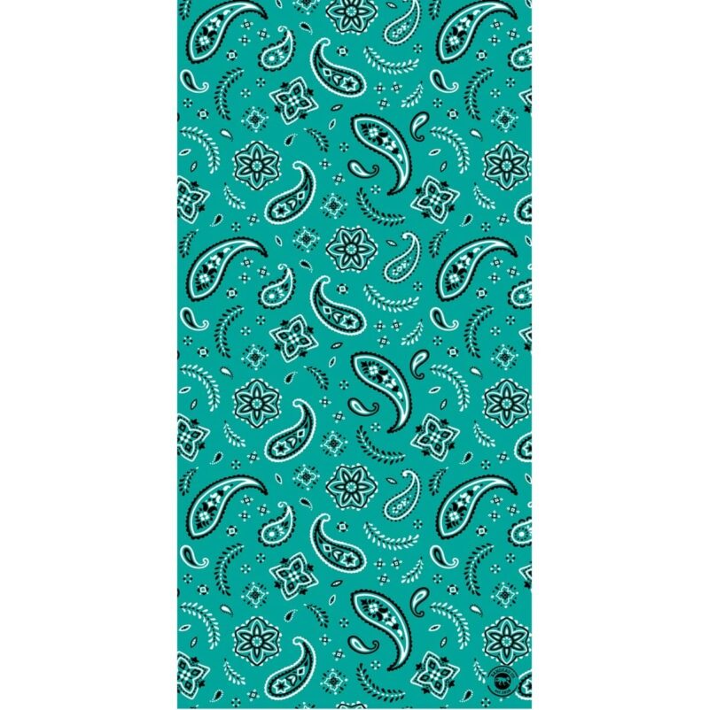 A patterned fabric features an intricate design of paisleys and floral motifs in black against a vibrant teal background creating a lively and colorful textile appearance.
