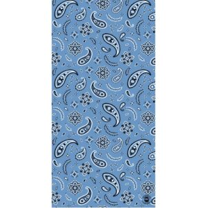 A blue fabric features a repeated pattern of black and white paisley shapes along with floral motifs and intricate designs creating a decorative textile suitable for clothing or home decor.