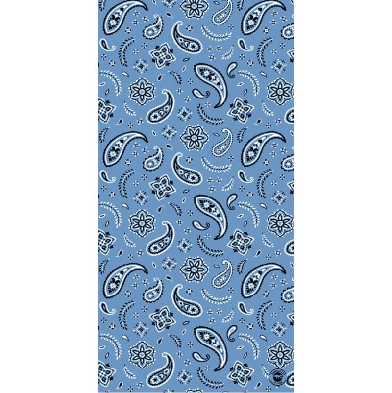 A blue fabric features a repeated pattern of black and white paisley shapes along with floral motifs and intricate designs creating a decorative textile suitable for clothing or home decor.
