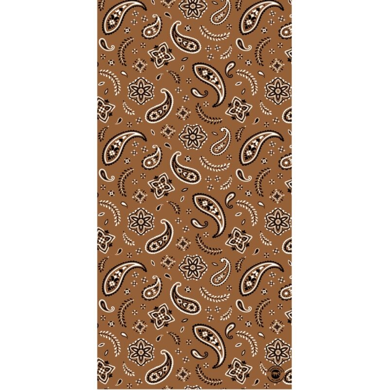 A patterned fabric features an intricate design of paisleys and floral motifs in black on a brown background creating a bold visual impact across the entire surface.