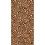 A brown patterned fabric displays intricate black and white paisley designs alongside floral and decorative motifs creating a visually engaging textile design with a repeated symmetrical layout