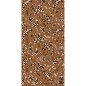 A brown patterned fabric displays intricate black and white paisley designs alongside floral and decorative motifs creating a visually engaging textile design with a repeated symmetrical layout
