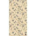 A repeating pattern of black paisley shapes and floral designs covers a beige background creating a decorative textile appearance suitable for fabric or wallpaper.